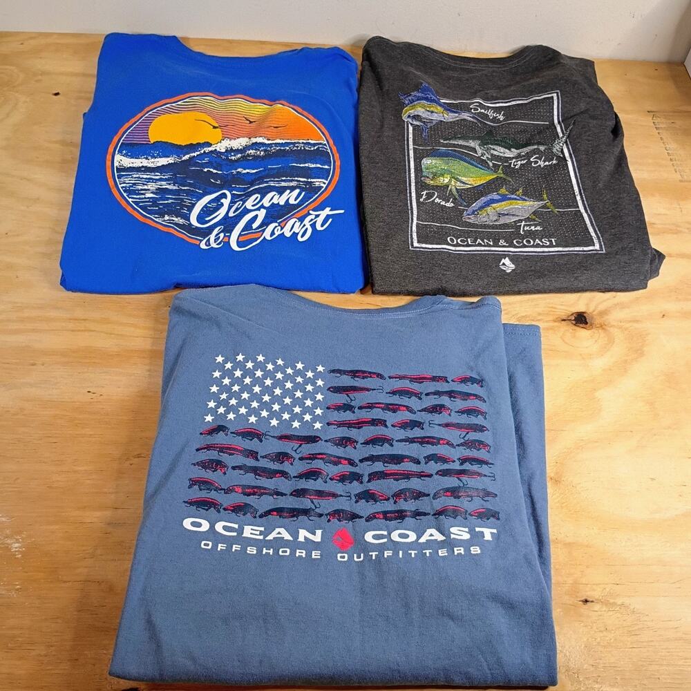 Lot of 3 Ocean & Coast Mens XL Graphic T-Shirts Fishing Lure Flag Shark Offshore